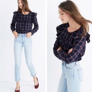 Madewell Plaid Ruffle Yoke Long Sleeve Top